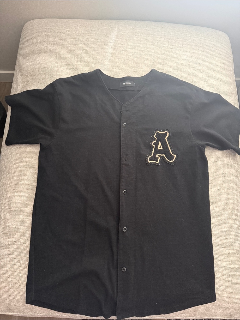 Avenue Black Short-Sleeve Button Baseball Shirt with 'A' Patch